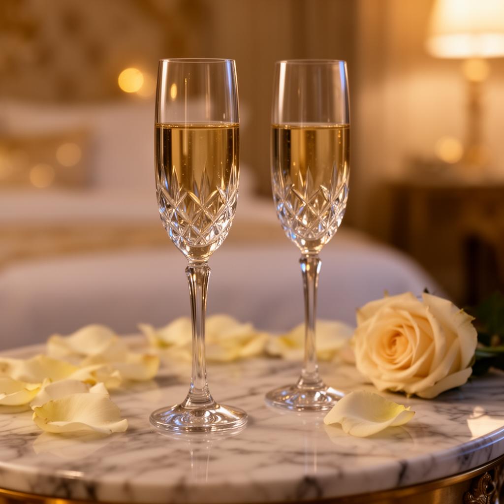 Champagne flutes on marble with rose petals