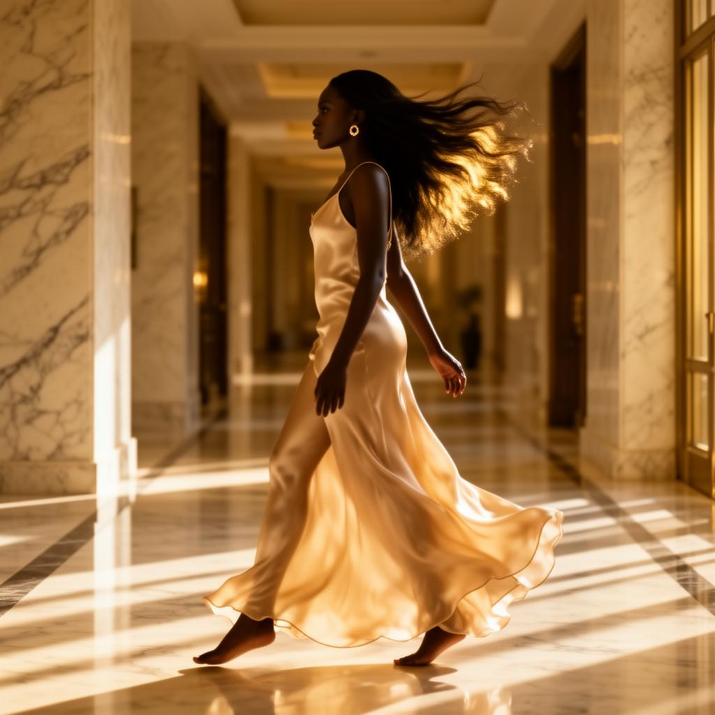 A Diva in champagne silk walks a marble corridor